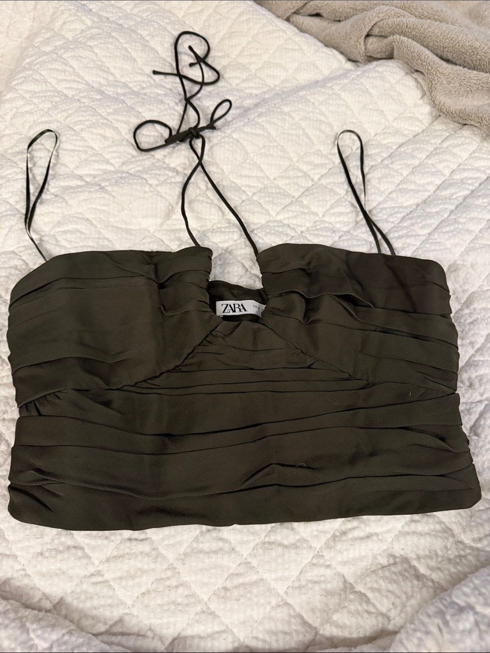 Zara Dark Olive Ruched Spaghetti Strap Crop Top size: S